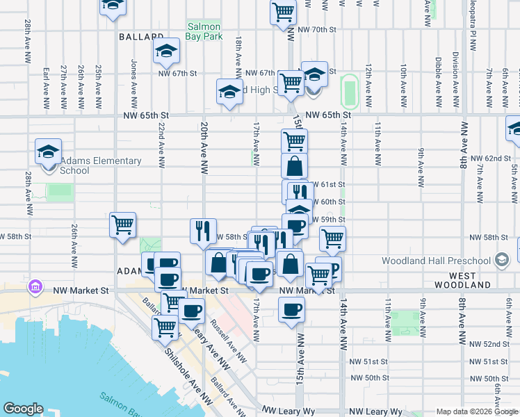 map of restaurants, bars, coffee shops, grocery stores, and more near 1705 Northwest 59th Street in Seattle
