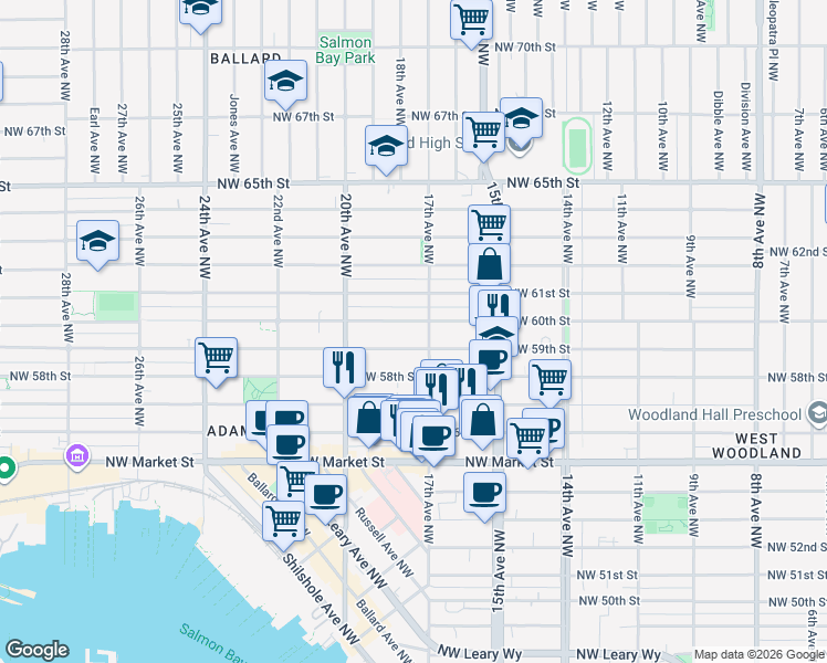 map of restaurants, bars, coffee shops, grocery stores, and more near 1705 Northwest 59th Street in Seattle