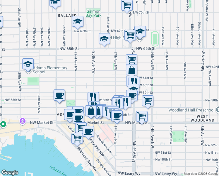 map of restaurants, bars, coffee shops, grocery stores, and more near 1737 Northwest 59th Street in Seattle