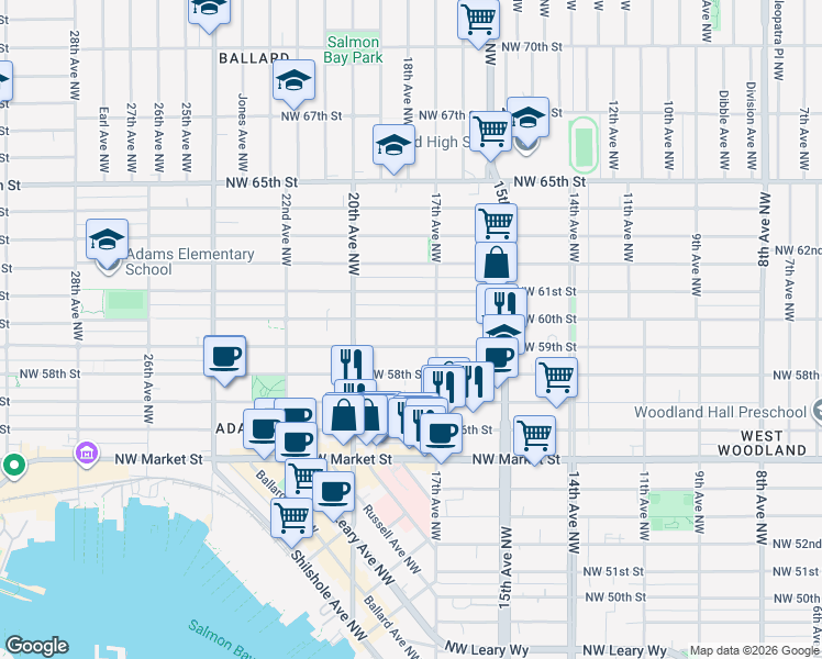 map of restaurants, bars, coffee shops, grocery stores, and more near 1737 Northwest 59th Street in Seattle