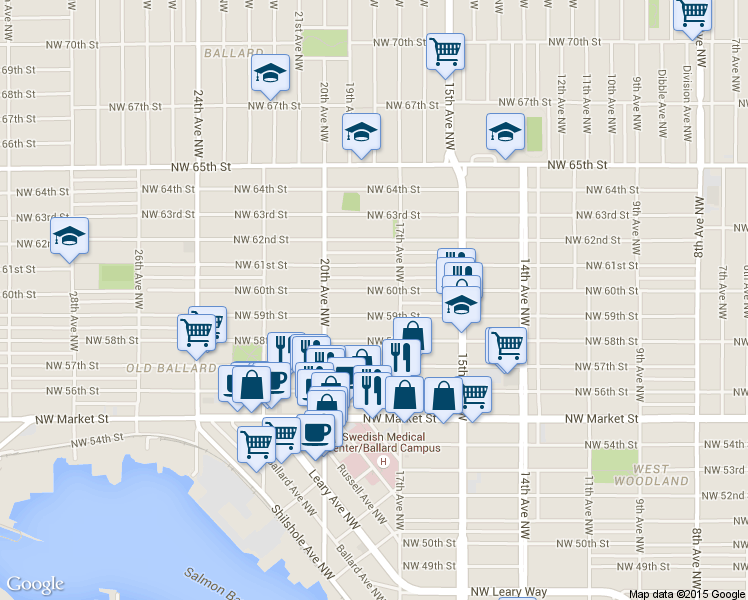 map of restaurants, bars, coffee shops, grocery stores, and more near 1737 Northwest 59th Street in Seattle