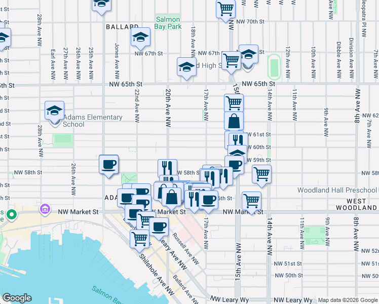 map of restaurants, bars, coffee shops, grocery stores, and more near 1737 Northwest 59th Street in Seattle