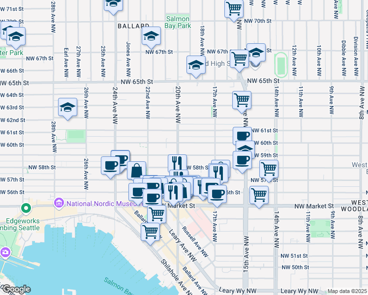 map of restaurants, bars, coffee shops, grocery stores, and more near 1771 Northwest 59th Street in Seattle