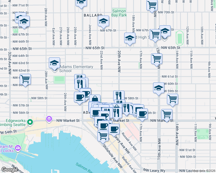 map of restaurants, bars, coffee shops, grocery stores, and more near 2031 Northwest 59th Street in Seattle