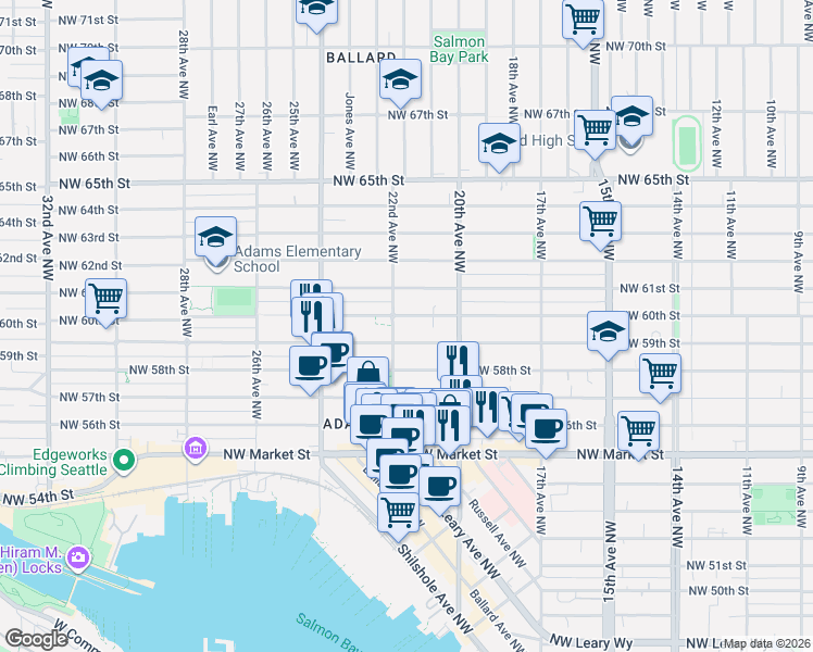 map of restaurants, bars, coffee shops, grocery stores, and more near 2031 Northwest 59th Street in Seattle