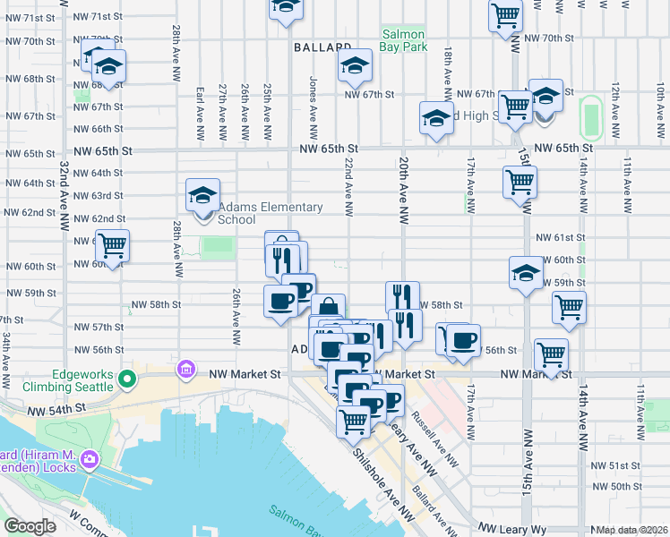 map of restaurants, bars, coffee shops, grocery stores, and more near 2203 Northwest 59th Street in Seattle