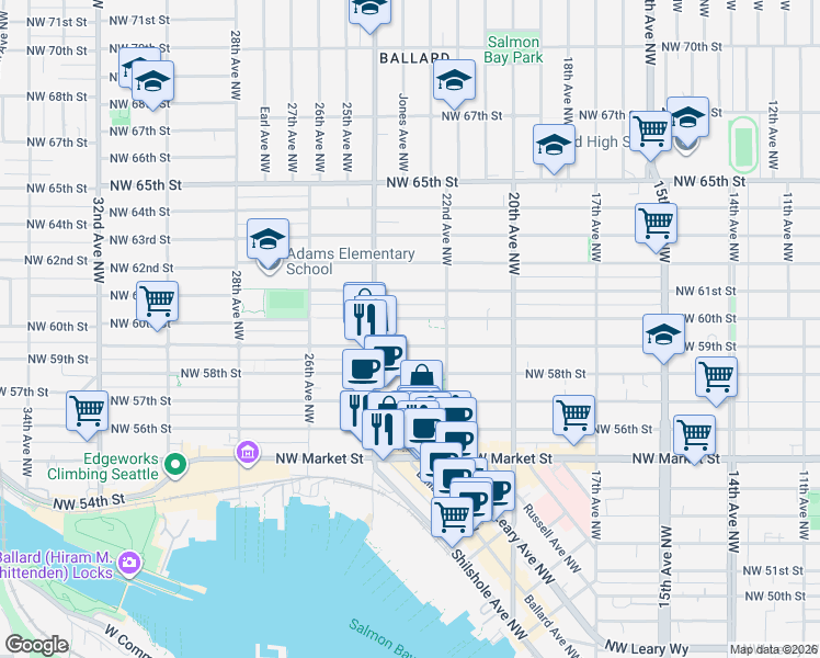 map of restaurants, bars, coffee shops, grocery stores, and more near 2237 Northwest 59th Street in Seattle