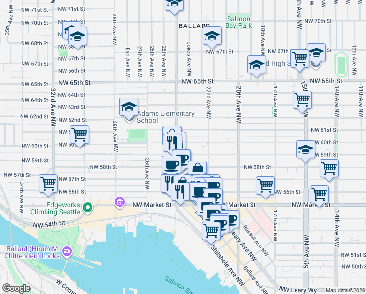 map of restaurants, bars, coffee shops, grocery stores, and more near 2237 Northwest 59th Street in Seattle