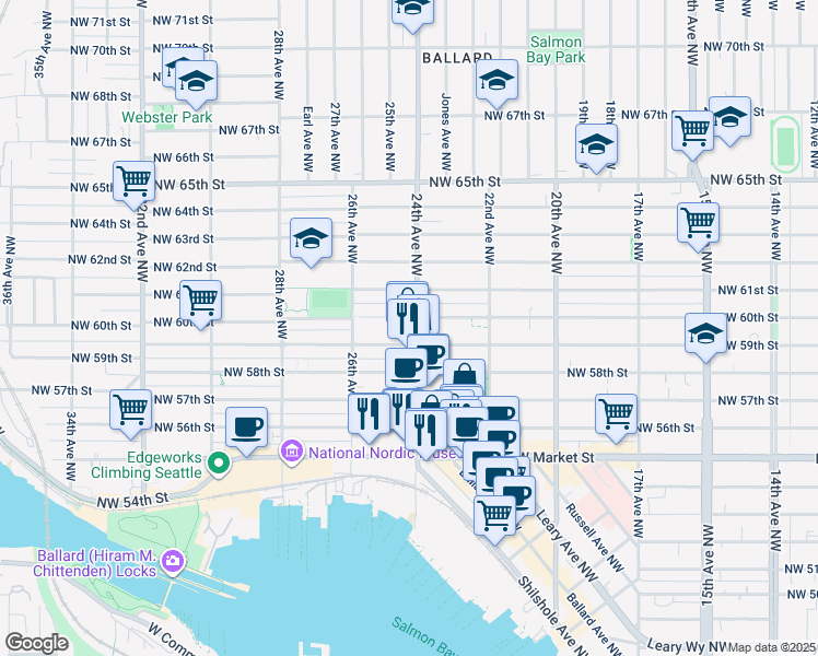 map of restaurants, bars, coffee shops, grocery stores, and more near in Seattle