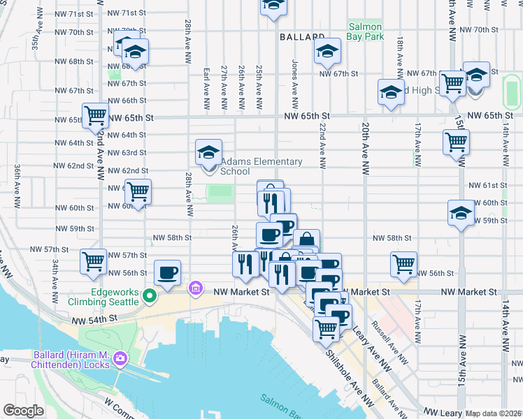 map of restaurants, bars, coffee shops, grocery stores, and more near in Seattle