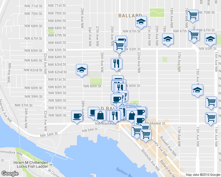 map of restaurants, bars, coffee shops, grocery stores, and more near 2443 Northwest 59th Street in Seattle