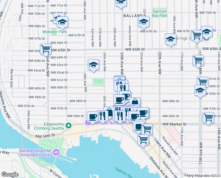 map of restaurants, bars, coffee shops, grocery stores, and more near 2443 Northwest 59th Street in Seattle