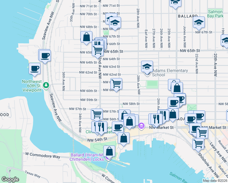 map of restaurants, bars, coffee shops, grocery stores, and more near 3031 Northwest 59th Street in Seattle