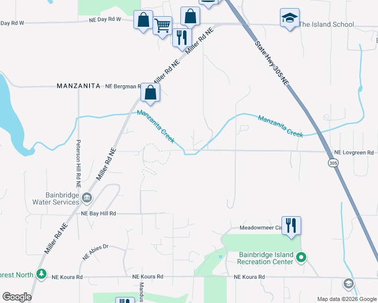 map of restaurants, bars, coffee shops, grocery stores, and more near 7837 Northeast Lovgreen Road in Bainbridge Island