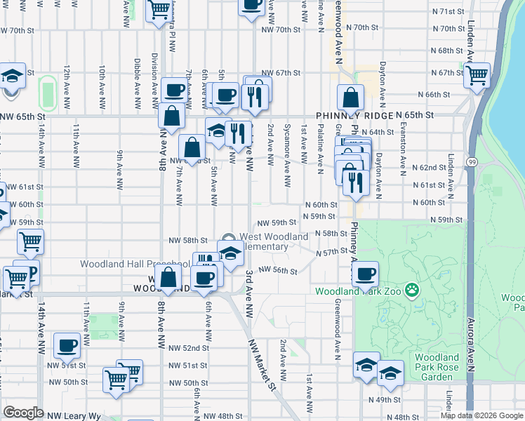 map of restaurants, bars, coffee shops, grocery stores, and more near 209 Northwest 60th Street in Seattle