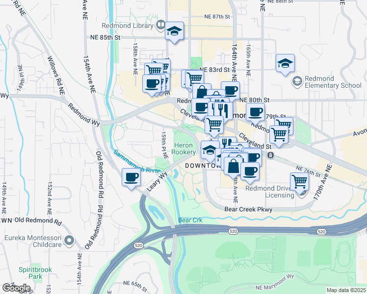 map of restaurants, bars, coffee shops, grocery stores, and more near Heron Rookery Trail in Redmond