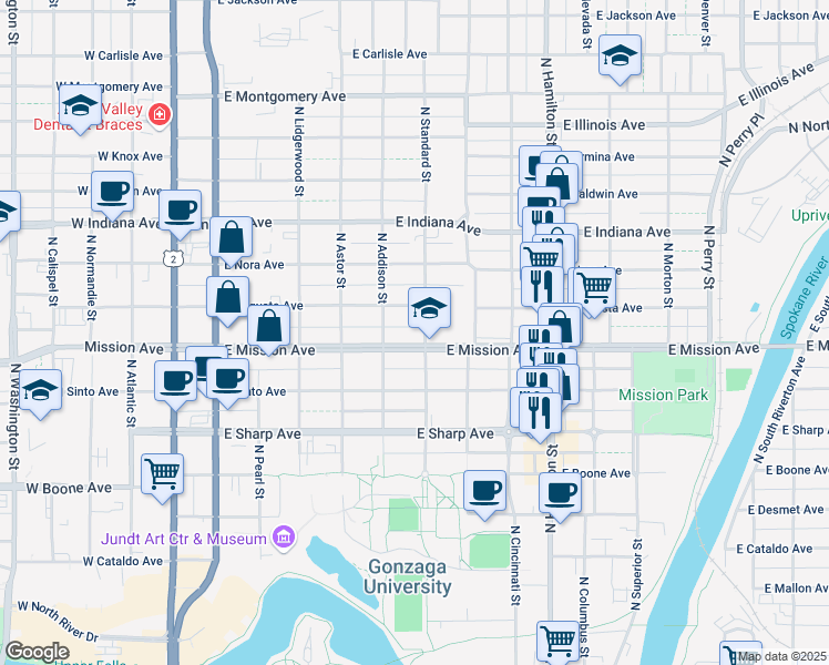 map of restaurants, bars, coffee shops, grocery stores, and more near 525 East Mission Avenue in Spokane