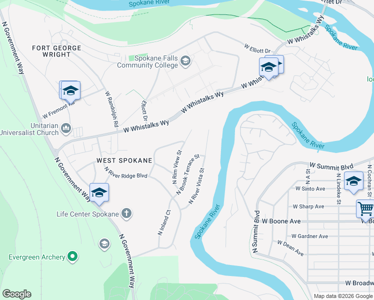map of restaurants, bars, coffee shops, grocery stores, and more near 1516 North Brook Terrace Street in Spokane