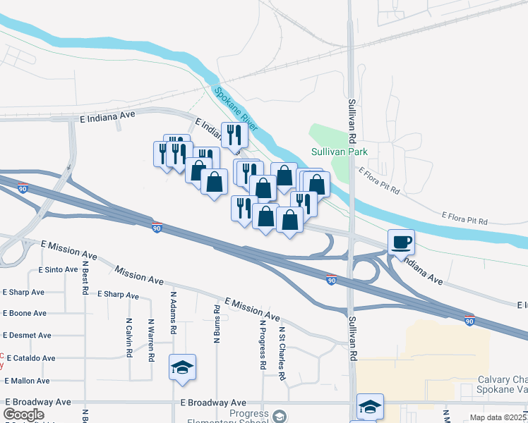 map of restaurants, bars, coffee shops, grocery stores, and more near 15106 East Indiana Avenue in Spokane Valley