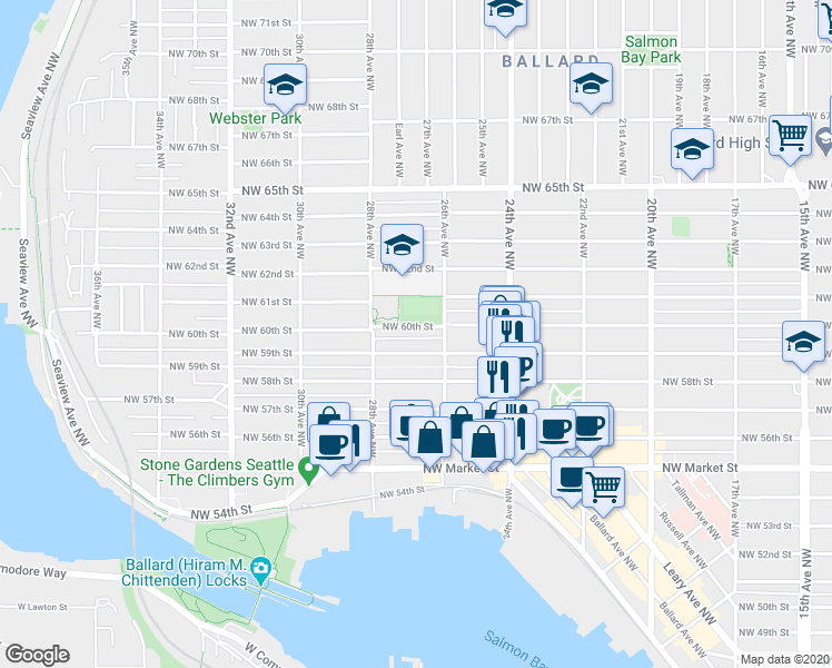 map of restaurants, bars, coffee shops, grocery stores, and more near 2625 Northwest 60th Street in Seattle
