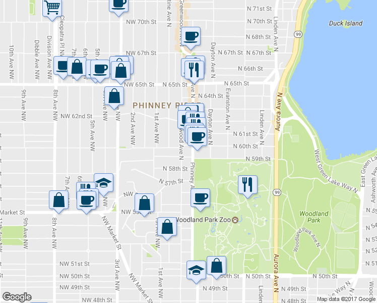 map of restaurants, bars, coffee shops, grocery stores, and more near 5901 Phinney Avenue North in Seattle