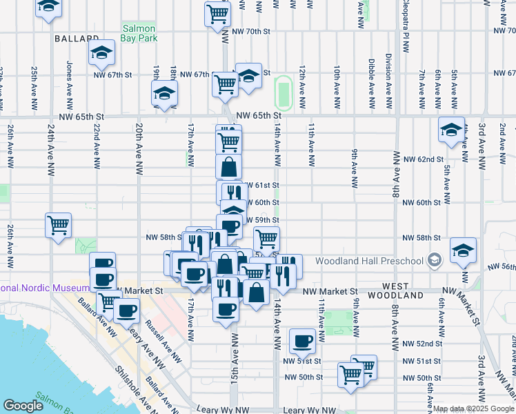 map of restaurants, bars, coffee shops, grocery stores, and more near 1415 Northwest 59th Street in Seattle