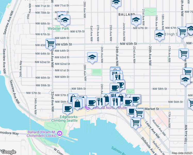 map of restaurants, bars, coffee shops, grocery stores, and more near 2621 Northwest 60th Street in Seattle