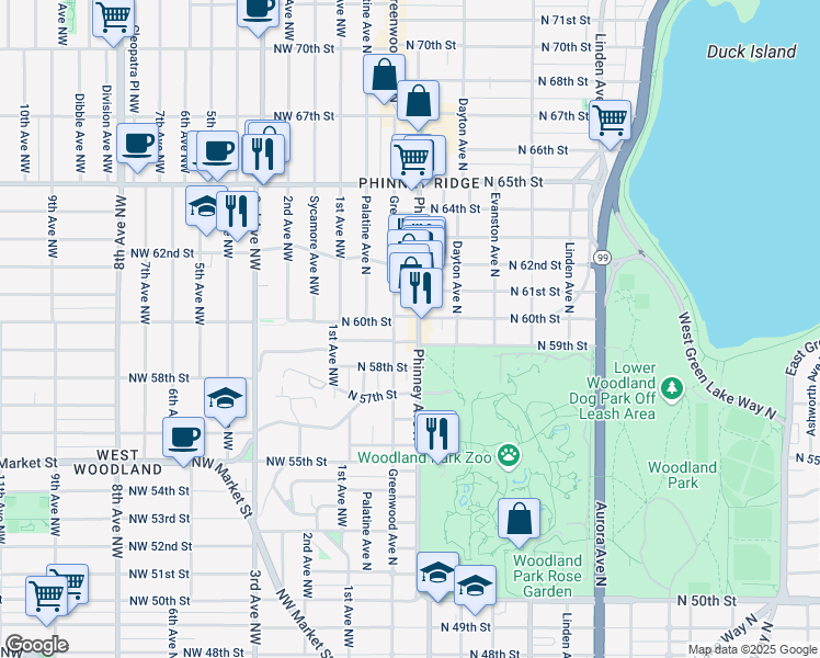 map of restaurants, bars, coffee shops, grocery stores, and more near 5901 Phinney Avenue North in Seattle