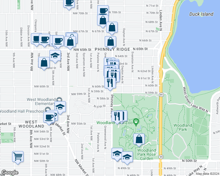 map of restaurants, bars, coffee shops, grocery stores, and more near 5808 Greenwood Avenue North in Seattle