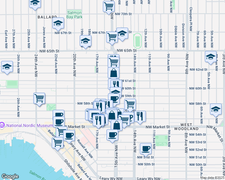 map of restaurants, bars, coffee shops, grocery stores, and more near 5816 15th Avenue Northwest in Seattle