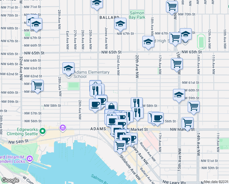 map of restaurants, bars, coffee shops, grocery stores, and more near 2203 Northwest 59th Street in Seattle