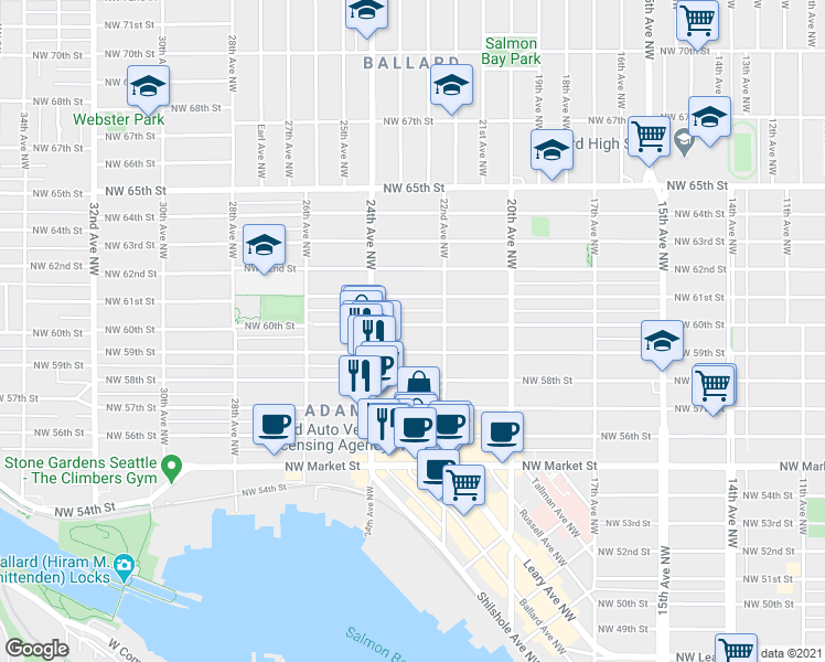 map of restaurants, bars, coffee shops, grocery stores, and more near 2237 Northwest 59th Street in Seattle