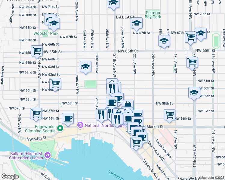 map of restaurants, bars, coffee shops, grocery stores, and more near in Seattle
