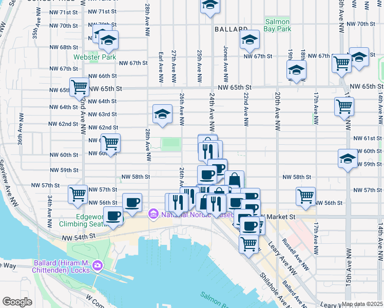 map of restaurants, bars, coffee shops, grocery stores, and more near 2443 Northwest 59th Street in Seattle