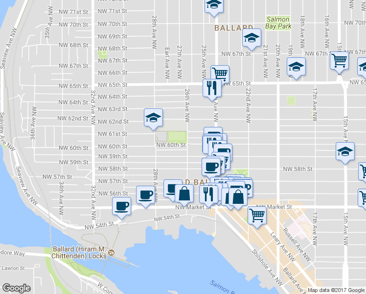 map of restaurants, bars, coffee shops, grocery stores, and more near 2617 Northwest 59th Street in Seattle