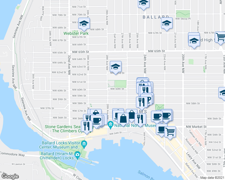 map of restaurants, bars, coffee shops, grocery stores, and more near 2657 Northwest 59th Street in Seattle
