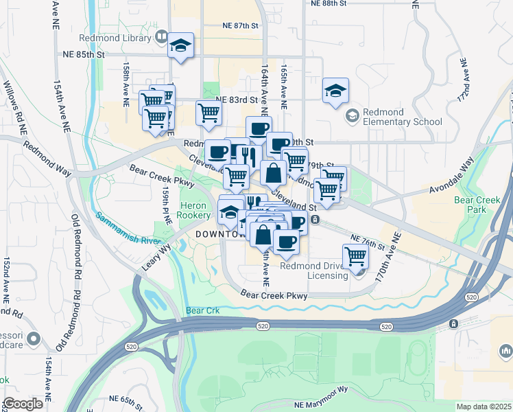 map of restaurants, bars, coffee shops, grocery stores, and more near 7575 164th Avenue Northeast in Redmond