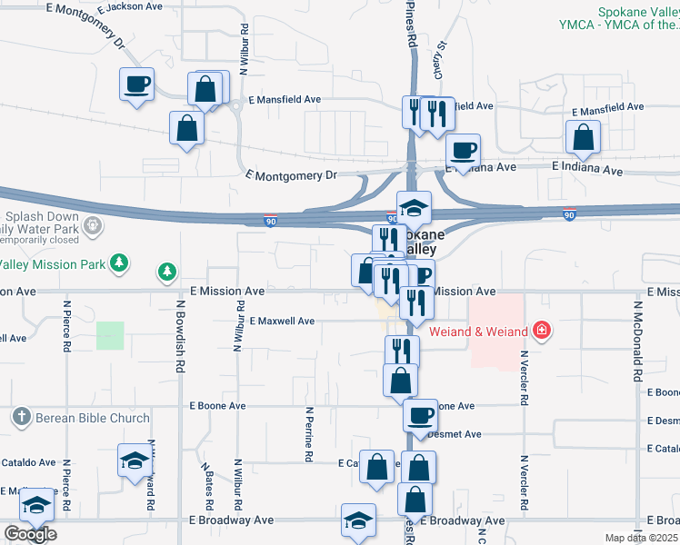 map of restaurants, bars, coffee shops, grocery stores, and more near 12009 East Mission Avenue in Spokane Valley