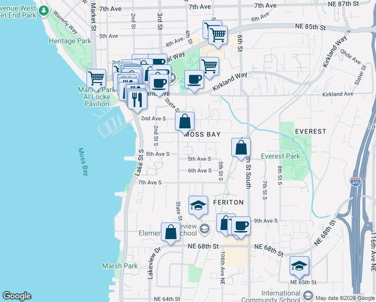 map of restaurants, bars, coffee shops, grocery stores, and more near 315 4th Avenue South in Kirkland