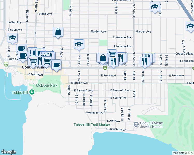 map of restaurants, bars, coffee shops, grocery stores, and more near 1106 Sherman Avenue in Coeur d'Alene