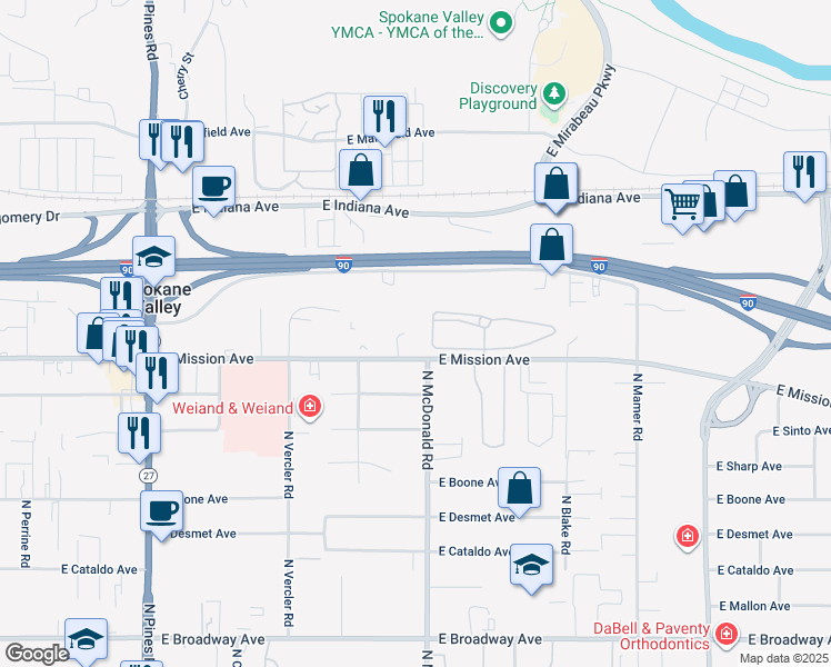 map of restaurants, bars, coffee shops, grocery stores, and more near 13007 East Mission Avenue in Spokane Valley