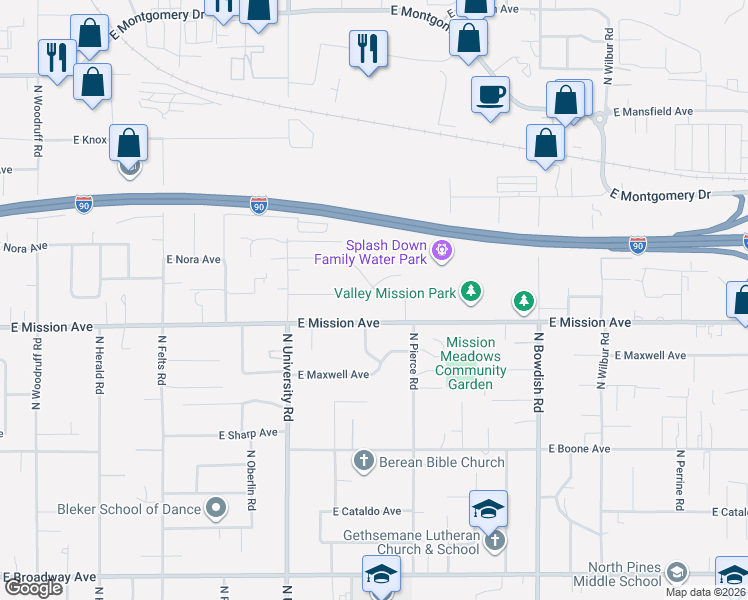 map of restaurants, bars, coffee shops, grocery stores, and more near 1716 North Glenn Road in Spokane Valley