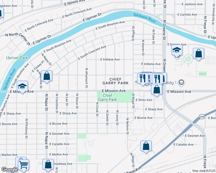 map of restaurants, bars, coffee shops, grocery stores, and more near 1608 North Smith Street in Spokane