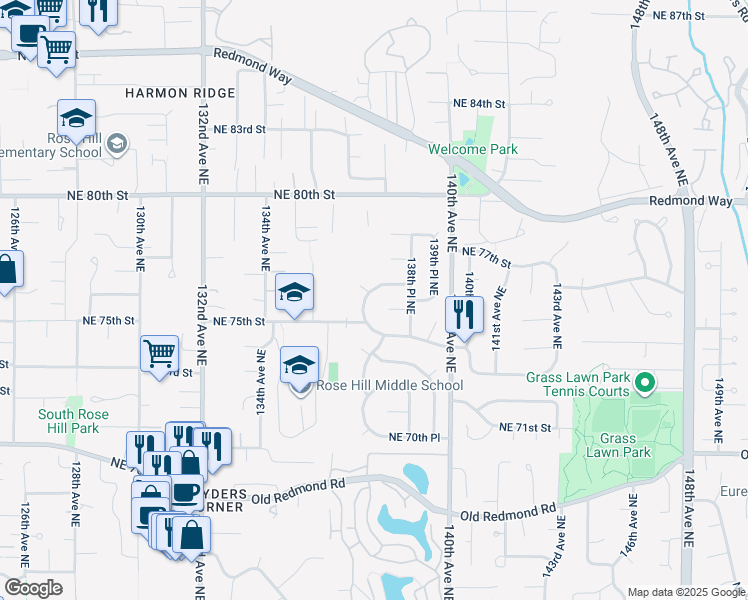 map of restaurants, bars, coffee shops, grocery stores, and more near 13714 Northeast 76th Place in Redmond