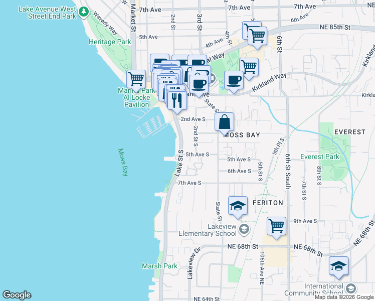 map of restaurants, bars, coffee shops, grocery stores, and more near 311 2nd Street South in Kirkland