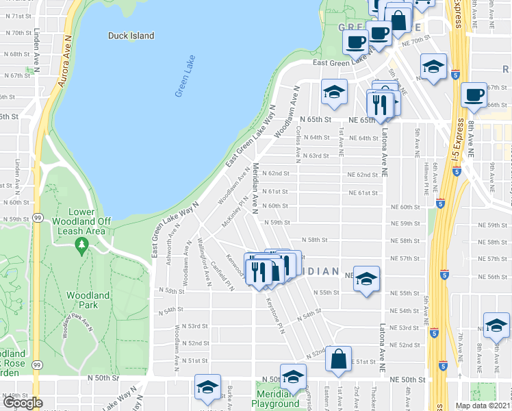 map of restaurants, bars, coffee shops, grocery stores, and more near Meridian Avenue North & North 60th Street in Seattle
