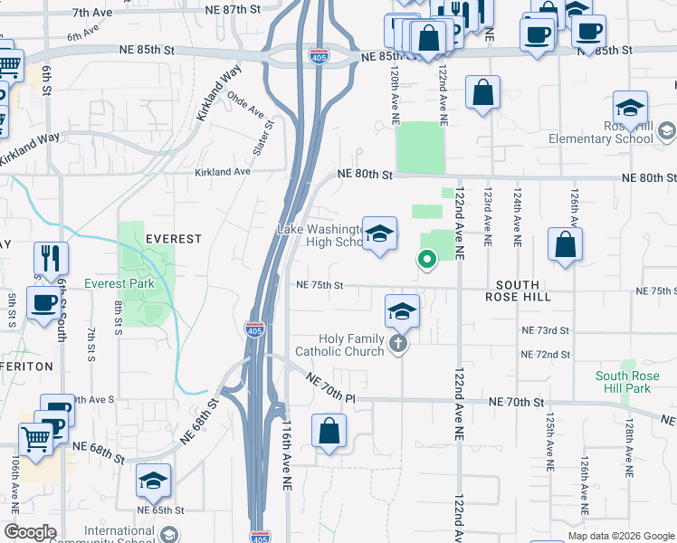 map of restaurants, bars, coffee shops, grocery stores, and more near 11721 Northeast 75th Place in Kirkland