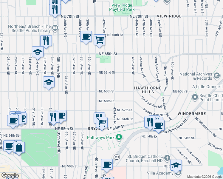 map of restaurants, bars, coffee shops, grocery stores, and more near 6022 41st Avenue Northeast in Seattle