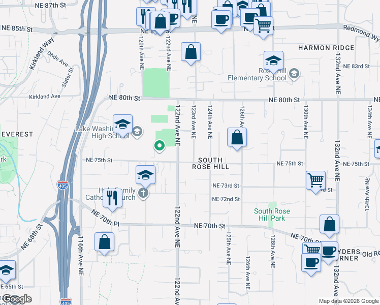 map of restaurants, bars, coffee shops, grocery stores, and more near 7517 123rd Avenue Northeast in Kirkland