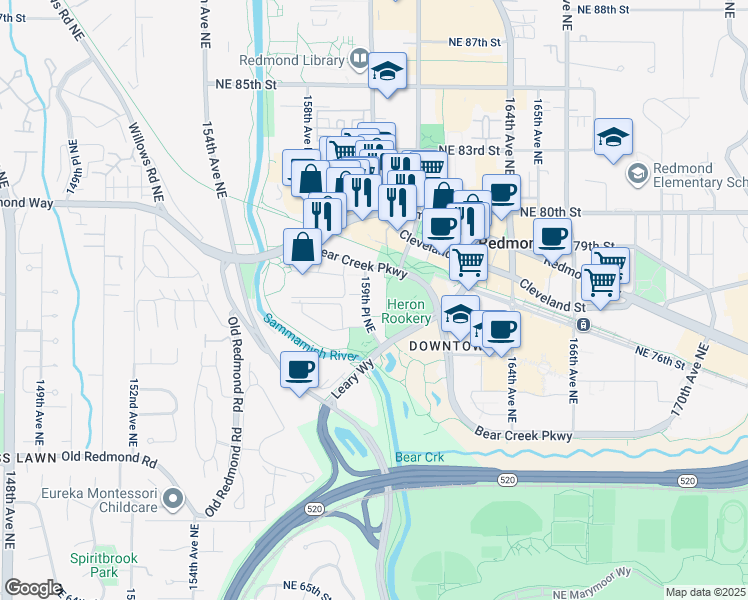 map of restaurants, bars, coffee shops, grocery stores, and more near 7508 159th Place Northeast in Redmond